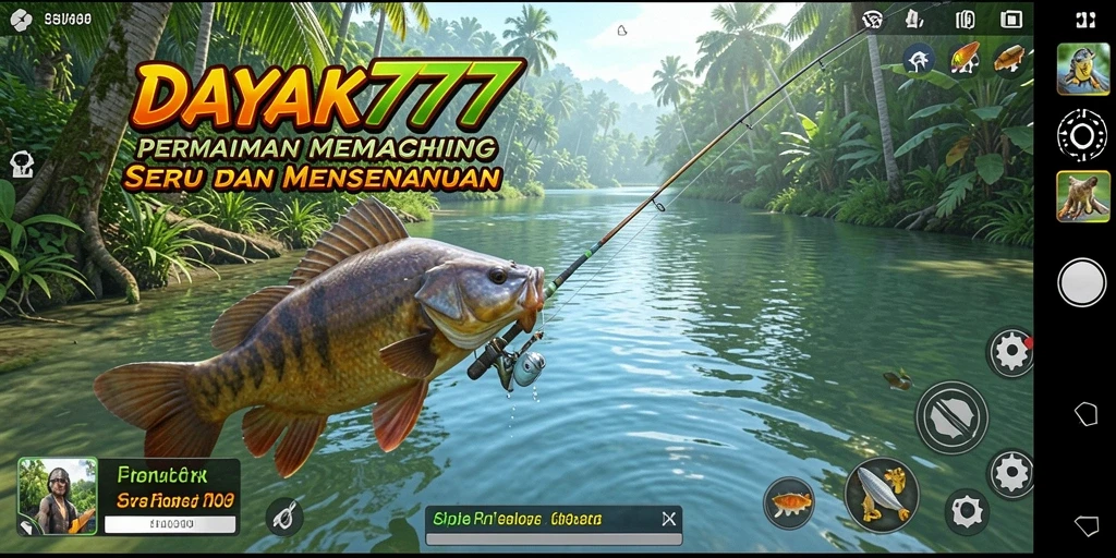Gameplay DAYAK777 yang menampilkan aksi memancing yang seru dan menantang.