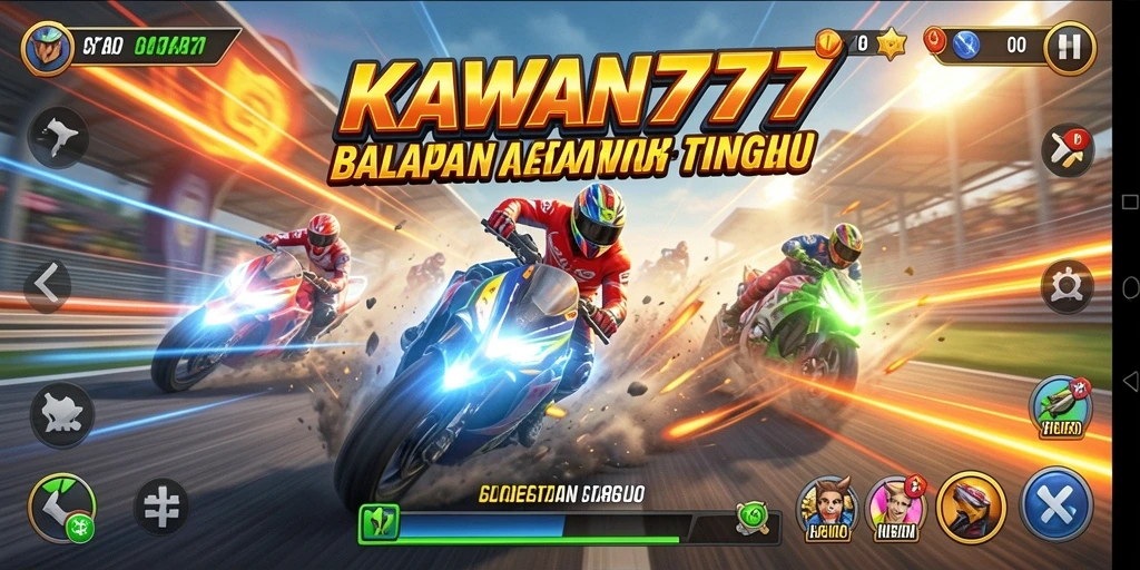 Tampilan gameplay seru dari KAWAN777 dengan balapan mendebarkan.