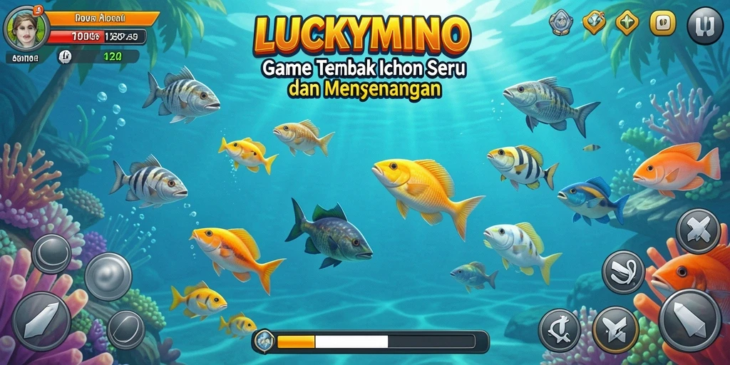 Tampilan gameplay LUCKYMINO yang seru dengan berbagai ikan berwarna.